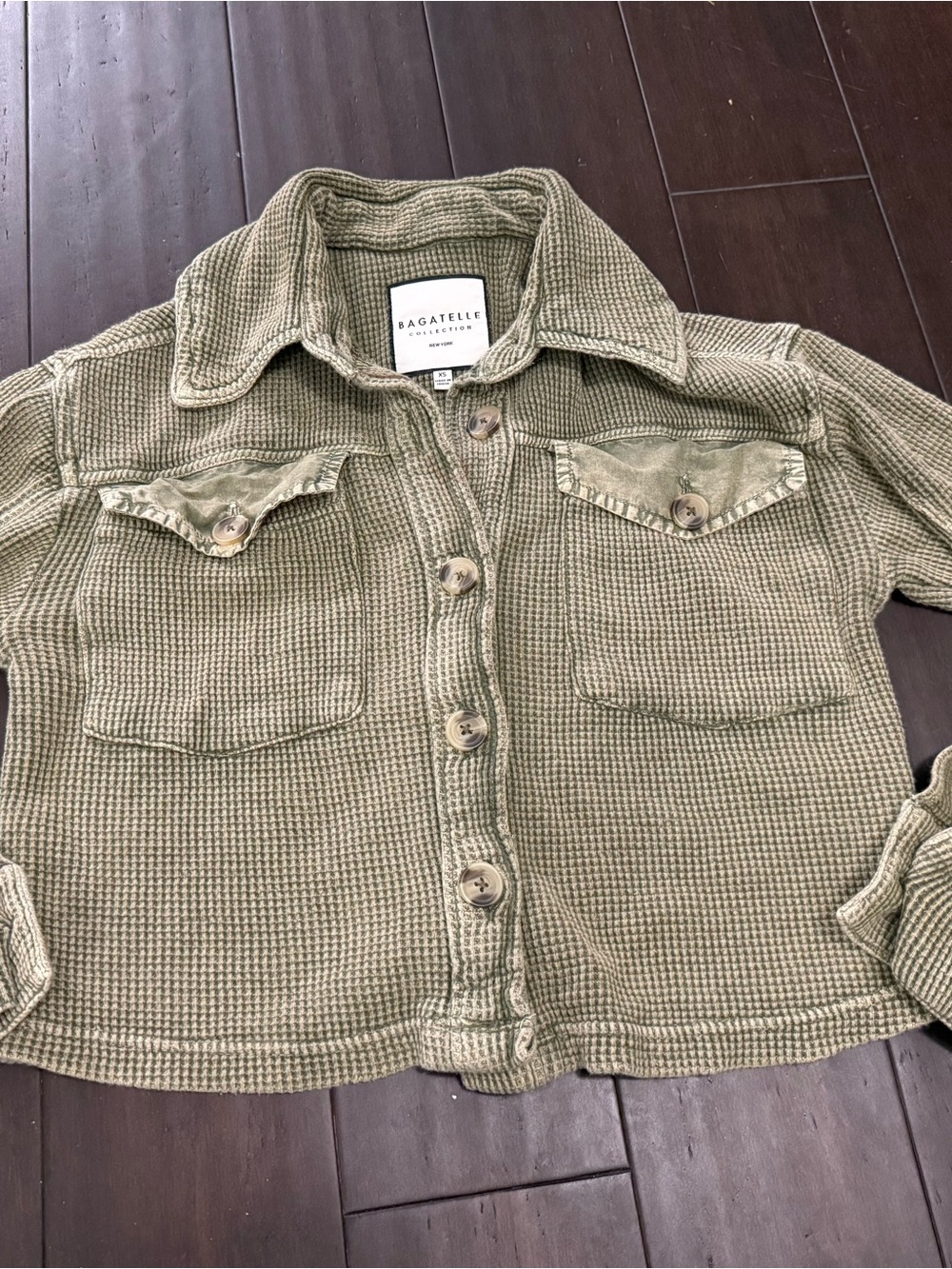 bagatelle Olive Green Waffle Knit Button-Front Jacket